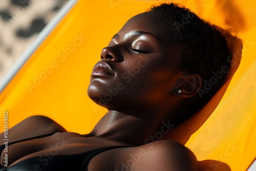 Close-up Portrait of a Woman Napping on a Yellow Beach Chair.