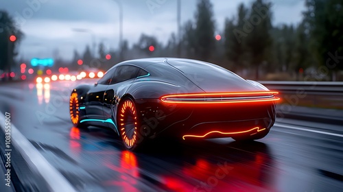 The retro sports car features a sleek, aerodynamic design with neon backlight contours that illuminate the vehicle in a futuristic cyberpunk style photo