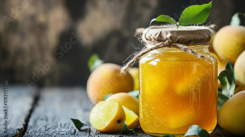 A jar of homemade quince jam, made with fresh fruit. The jam is a sweet marmalade, set against an old wooden background.