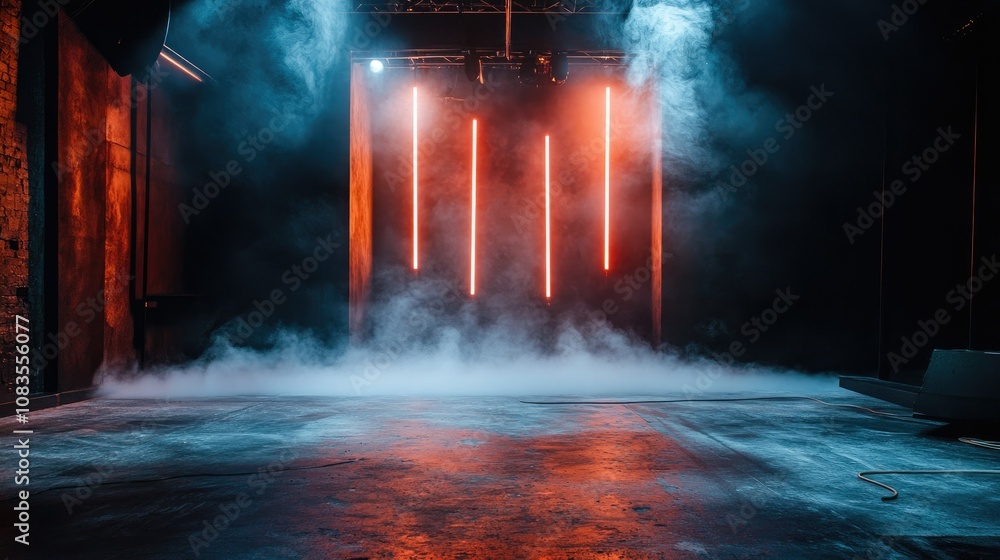Fototapeta premium Dramatic Stage with Neon Lights and Fog Creating an Atmospheric Setting for Events, Performances, and Creative Productions in a Unique Venue Environment
