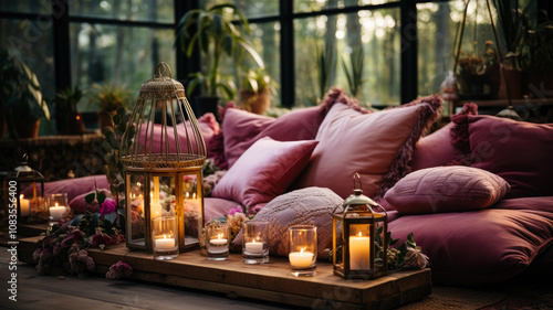 Cozy Lounge with Pillows and Candle Lanterns
