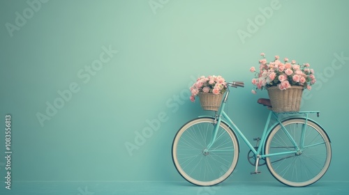 Photo of a vintage bicycle with pastel blue paint and flowers in the basket, on a backdrop of a pastel solid color wall. Web banner with copy space on the right. photo