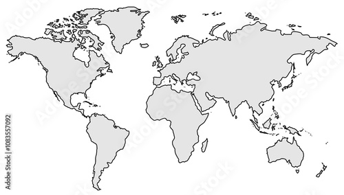 World map showing continents outlined inwith grey fill, isolated on a white background. Clean and simple layout design concept for templates photo