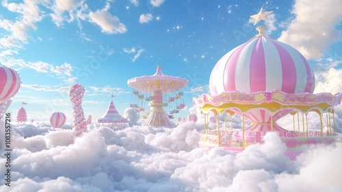 Whimsical Carnival in the Clouds - Surrealist Dreams 3D Render with Floating Rides and Candy-Colored Stalls under a Starry Sky | Ultra-Detailed Digital Artwork