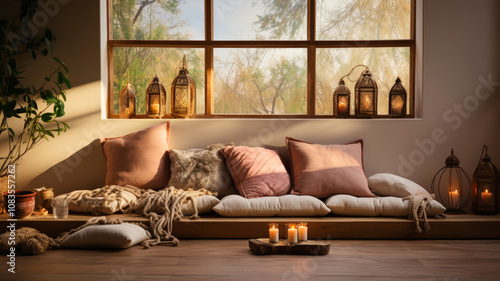 Cozy Living Room with Pillows and Candles
