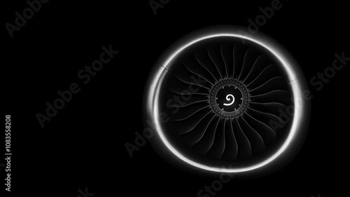 Jet engine against a black background, showcasing the spinning details of the aircraft's turbojet, highlighting its power and precision. Perfect for any aviation, engineering or aerospace technology.