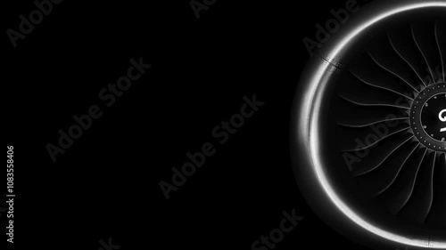 Jet engine against a black background, showcasing the spinning details of the aircraft's turbojet, highlighting its power and precision. Perfect for any aviation, engineering or aerospace technology.