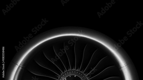Jet engine against a black background, showcasing the spinning details of the aircraft's turbojet, highlighting its power and precision. Perfect for any aviation, engineering or aerospace technology.