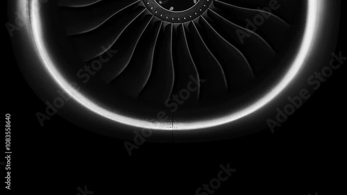 Jet engine against a black background, showcasing the spinning details of the aircraft's turbojet, highlighting its power and precision. Perfect for any aviation, engineering or aerospace technology.
