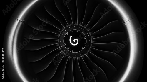 Jet engine against a black background, showcasing the spinning details of the aircraft's turbojet, highlighting its power and precision. Perfect for any aviation, engineering or aerospace technology.
