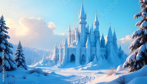 Magical ice castle background backdrop with frozen snowflakes and copy space photo