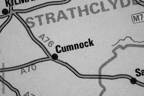 Cumnock, Scotland, United Kingdom colour atlas map town name of the area in black and white photo