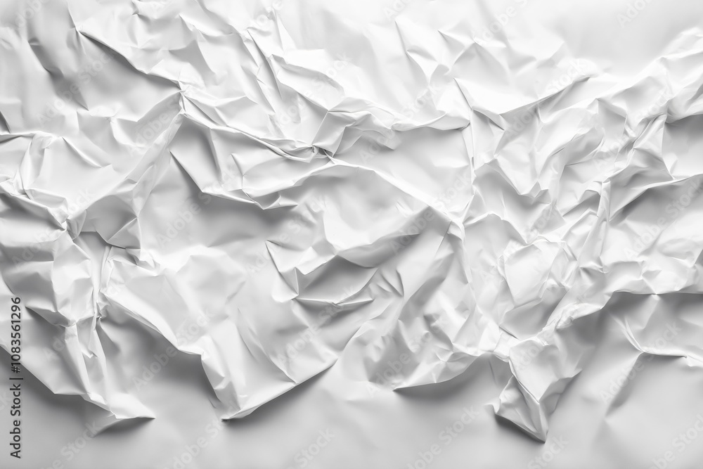 Fototapeta premium Abstract close-up of crumpled white paper, showcasing its texture and folds. The monochromatic palette creates a visually striking image.