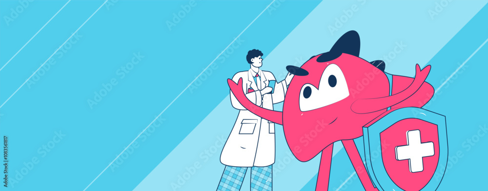 Naklejka premium National Liver Protection Day Medical Characters Flat Vector Concept Operation Hand Drawn Illustration 