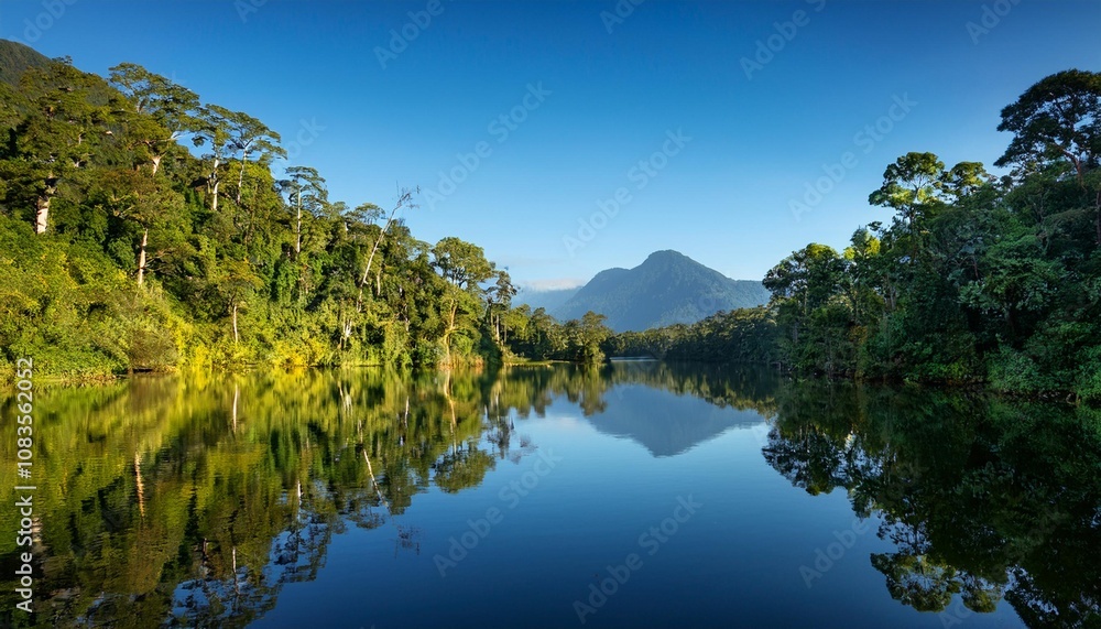 Naklejka premium Serene Lake Surrounded by Lush Tropical Rainforest, Reflecting Towering Trees and Distant Mountain Peaks Under a Clear Blue Sky, Captured for a Scenic Nature Landscape