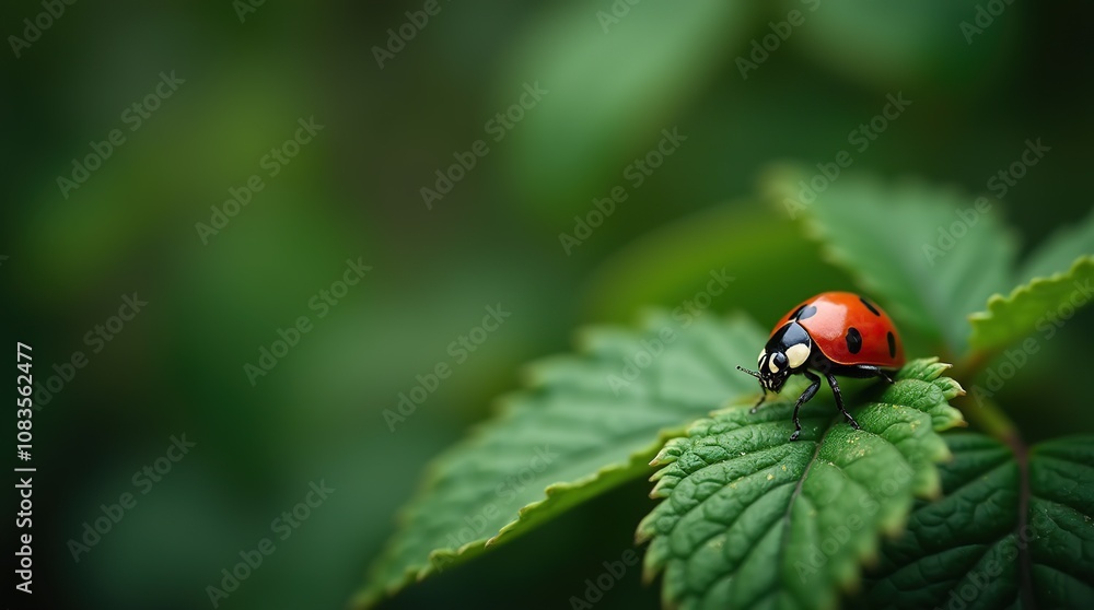 Obraz premium Ladybug Resting on a Vibrant Green Leaf in Natural Setting