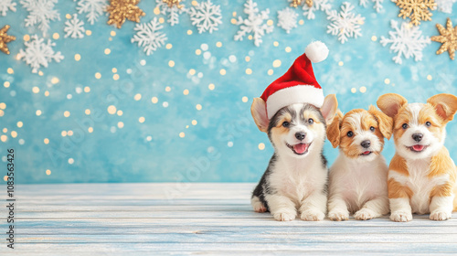 Cute dog cheerfully wearing a Santa Claus hat, on a pastel background, Christmas atmosphere photo