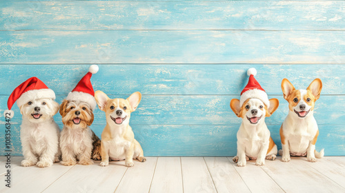 Cute dog cheerfully wearing a Santa Claus hat, on a pastel background, Christmas atmosphere photo