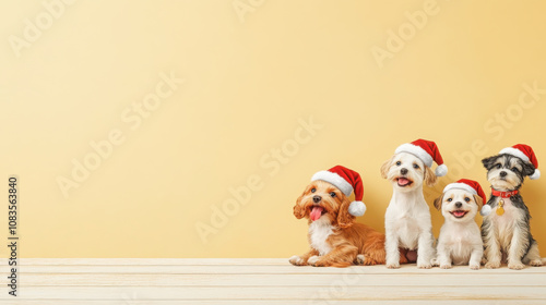 Cute dog cheerfully wearing a Santa Claus hat, on a pastel background, Christmas atmosphere photo