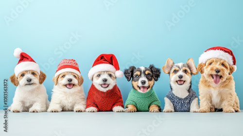 Cute dog cheerfully wearing a Santa Claus hat, on a pastel background, Christmas atmosphere photo