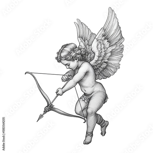 Cupid with bow and arrow engraving sketch, Vintage Romantic clipart. AI generated.