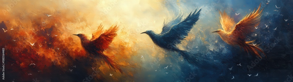 Fototapeta premium Colorful abstract artwork featuring three birds in flight, surrounded by a vivid celestial background of light and movement.