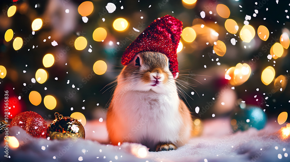 Fototapeta premium Adorable Bunny with Red Hat in Christmas Scene 