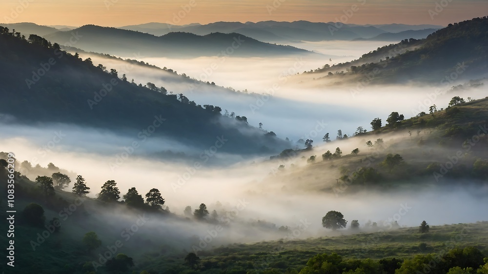Obraz premium MistyValleyMorningBackgrounds, FoggyMountainLandscapes, SereneNatureScenes, MorningMistValleyDesigns 
