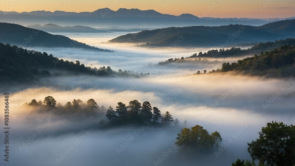 Obraz premium MistyValleyMorningBackgrounds, FoggyMountainLandscapes, SereneNatureScenes, MorningMistValleyDesigns 