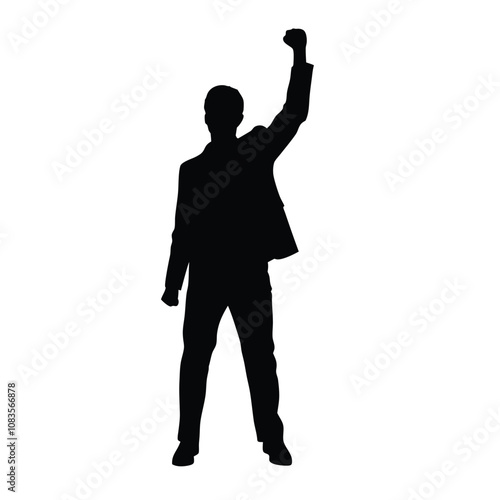 Obraz na płótnie A man is standing in front of a white background. He is wearing a suit and is holding his fist up in the air w salonie