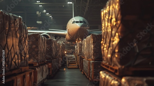 Cargo Plane in Hangar with Pallets of Goods photo