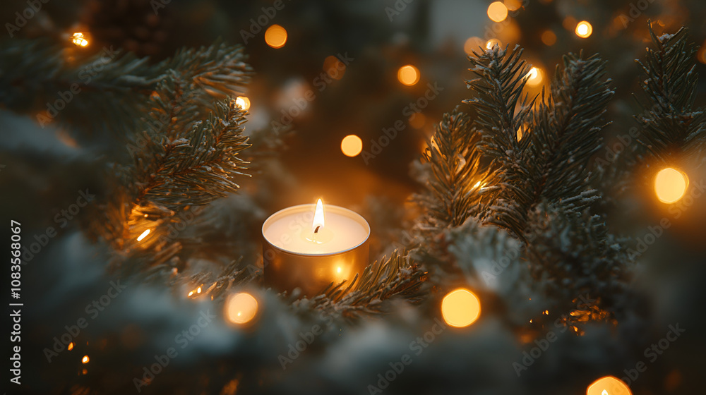 Fototapeta premium Using a Canon eosr5 camera with an aperture of f/2.8, the foreground is shot through blurry pine branches at a 45 degree overhead angle, capturing a white candle. The white Christmas candle is located