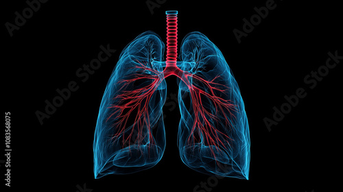 A simple, blue 3D image shows the human lung airways. The red lines represent the branching tubes that carry air to the lungs. photo