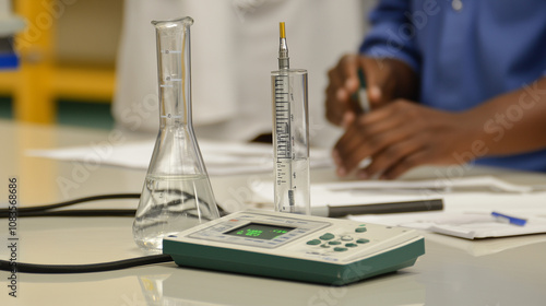 Scientists in lab coats measuring water salinity levels with specialized equipment, emphasizing the importance of environmental monitoring and scientific research
