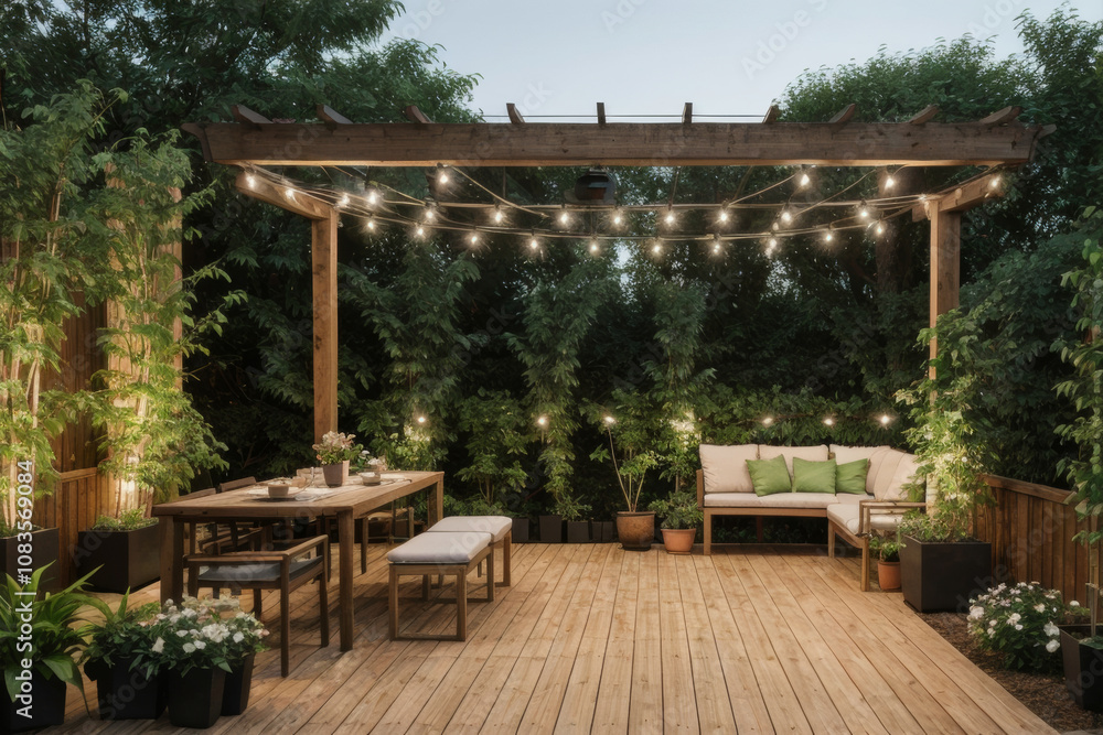 Obraz premium A cozy outdoor patio with a wooden pergola adorned with string lights