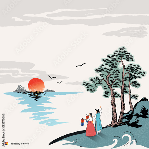 Beautiful Korea, couple wearing Hanbok to welcome New Year, sunrise over the sea, ink painting landscape, Korean traditional painting vector illustration.
