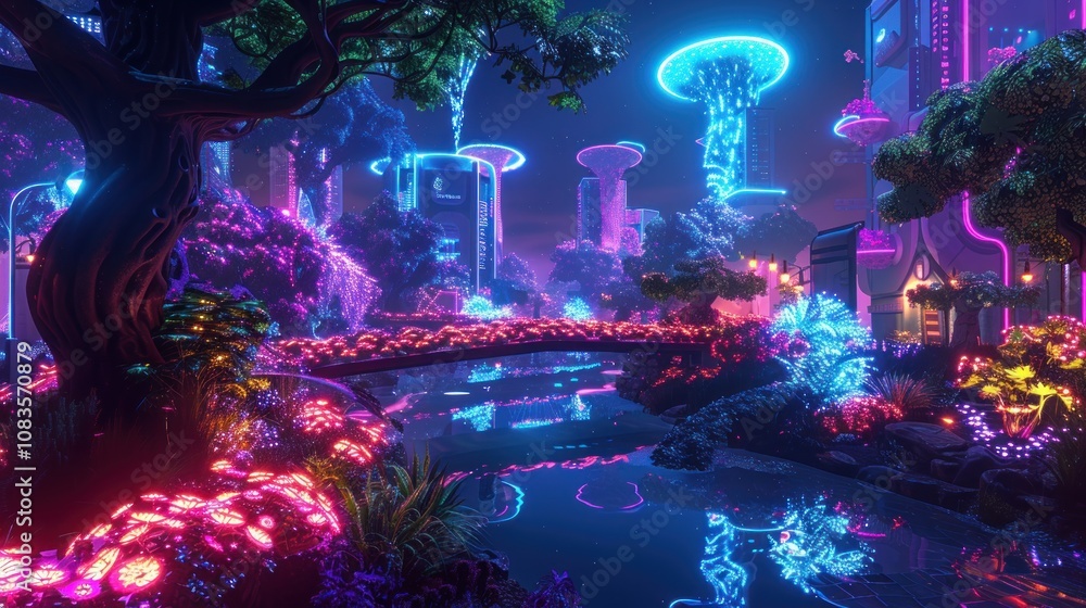Obraz premium Futuristic garden city at night.