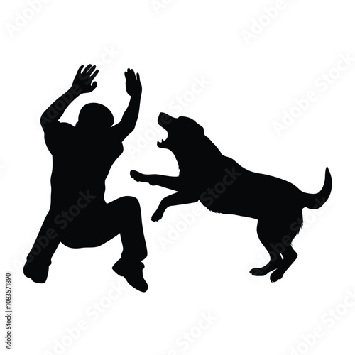 A man is being attacked by a dog. The dog is biting the man's arm. The man is trying to get away from the dog