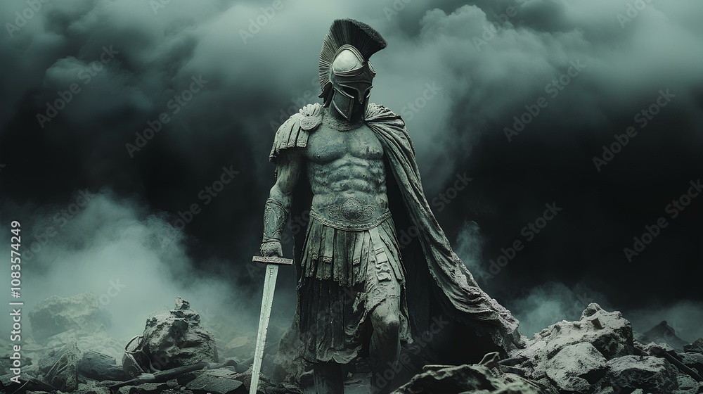 Fototapeta premium Ancient Greek statue of spartan warrior on moody background with fog. Ancient spartan warrior with wings and helmet during Roman Empire