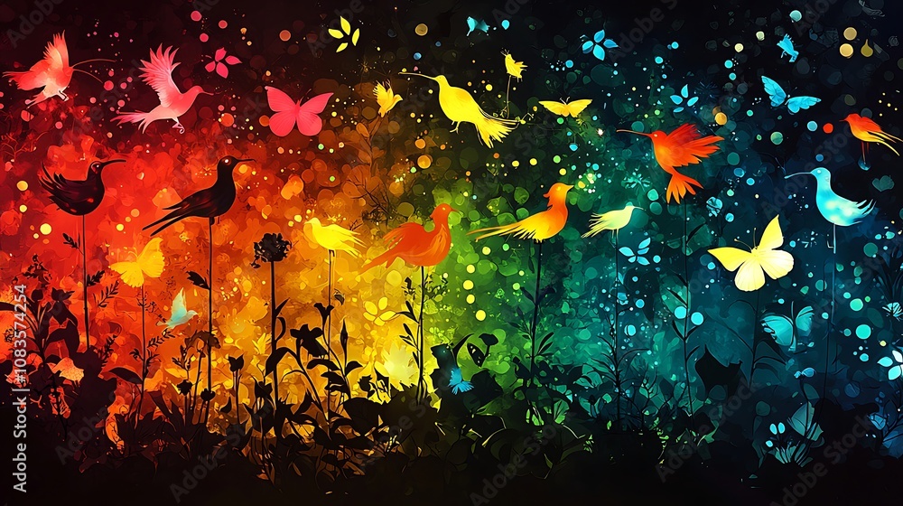 Fototapeta premium Vibrant Colorful Birds and Butterflies Against a Rainbow Background with Whimsical Flowers and Dreamy Bokeh Effect for Artistic Nature Illustrations