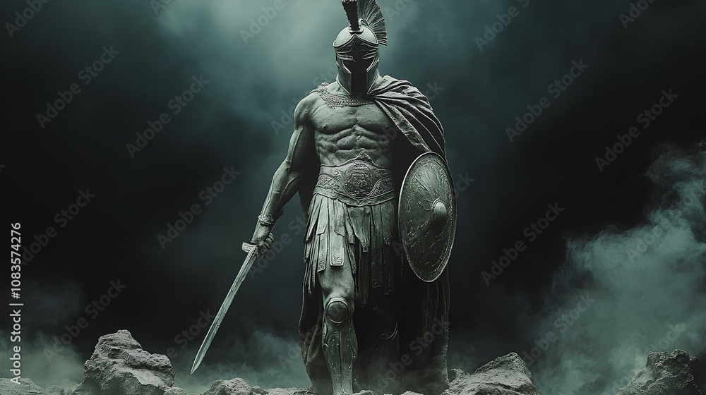 Naklejka premium Ancient Greek statue of spartan warrior on moody background with fog. Ancient spartan warrior with wings and helmet during Roman Empire