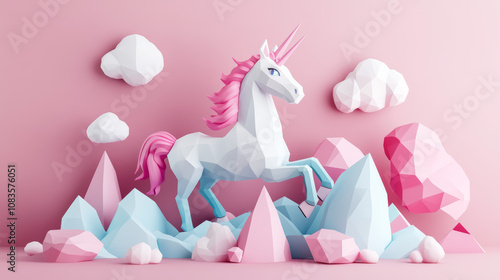 A unicorn startup is a successful business that has reached a valuation of over $1 billion. The image shows a low-poly unicorn with startup business elements, symbolizing this concept. photo