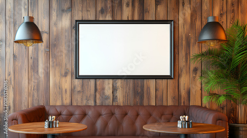 A blank picture frame hanging on the old textured wooden wall in a cosy old english or irish pub photo