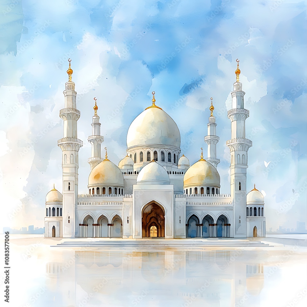 Obraz premium This stunning watercolor illustration of an Islamic mosque features intricate details of the architecture, with elegant domes and minarets rising against a clear blue sky