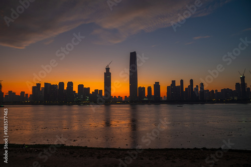 Landmark view of two rivers and four banks city in Wuhan, China photo