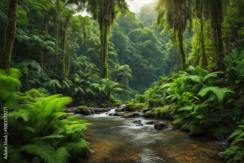 Lush rainforest stream flows through vibrant green foliage.