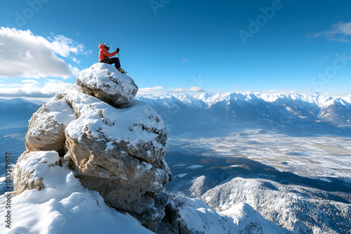 Skifahrer auf schneebedecktem Gipfel mit Panoramablick auf verschneite Alpen photo