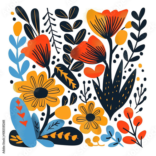 Whimsical abstract nature illustration with vibrant colors and decorative style