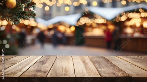 Nahaufnahme von einem warmen Holztisch mit einem gemtlich weihnachtlich dekoriertem Weihnachtsmarkt im Hintergrund Platz fr Text oder eine Produktprsentation