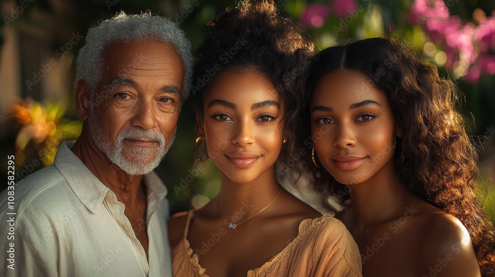 Fototapeta premium Three generations of a family posing for a portrait outside their home, the bright sun shining on their smiling faces, with a garden of blooming flowers behind them. Generative AI